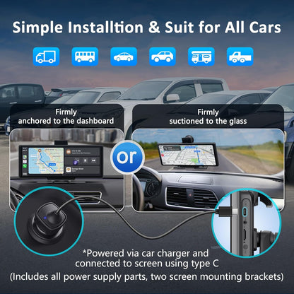 Apple carplay & Android Auto,Wireless Double din 10.26 inch Dash Cam with Front Camera and Backup