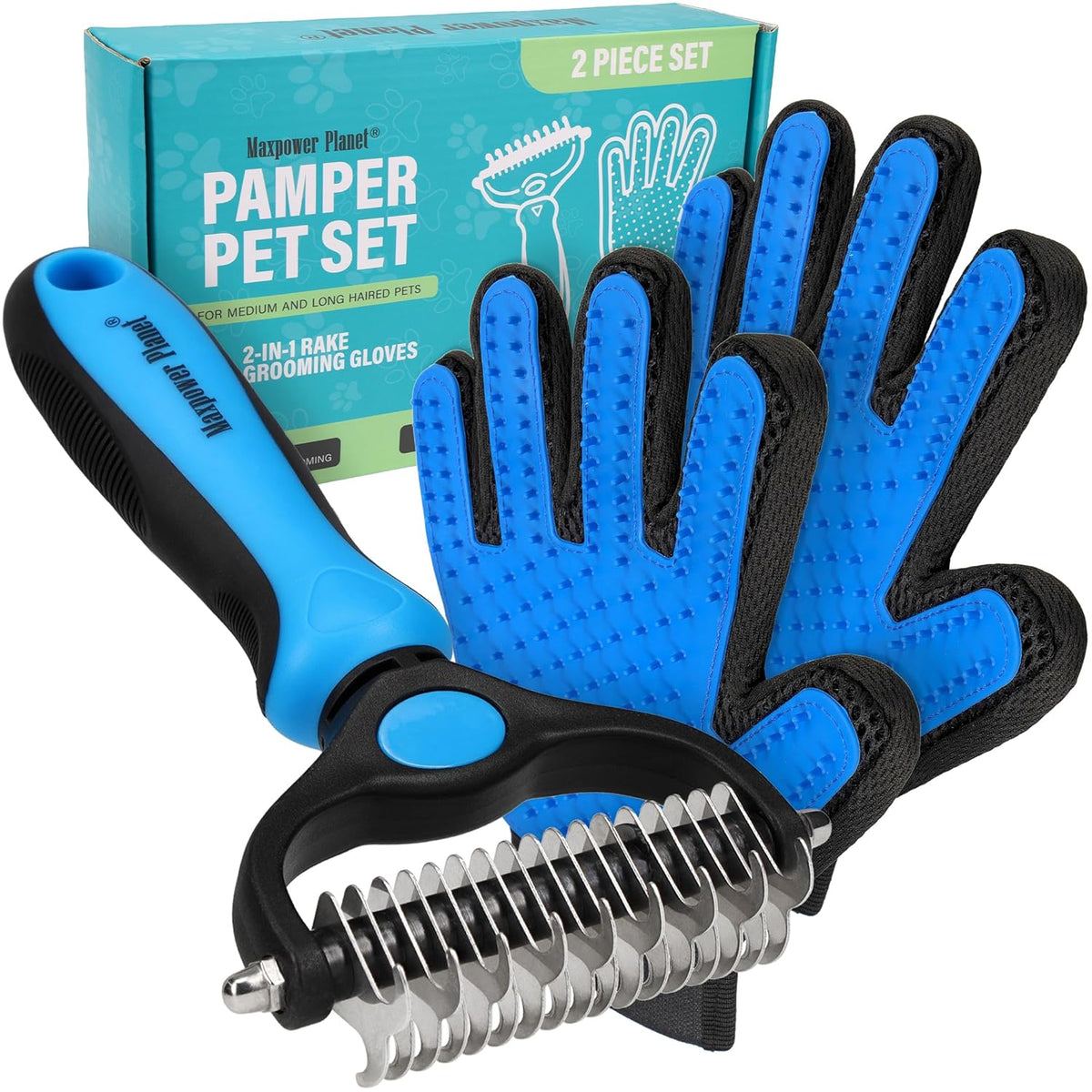 Maxpower Planet Pet Grooming Brush and 2X Grooming Gloves Combo - Double Sided Dematting