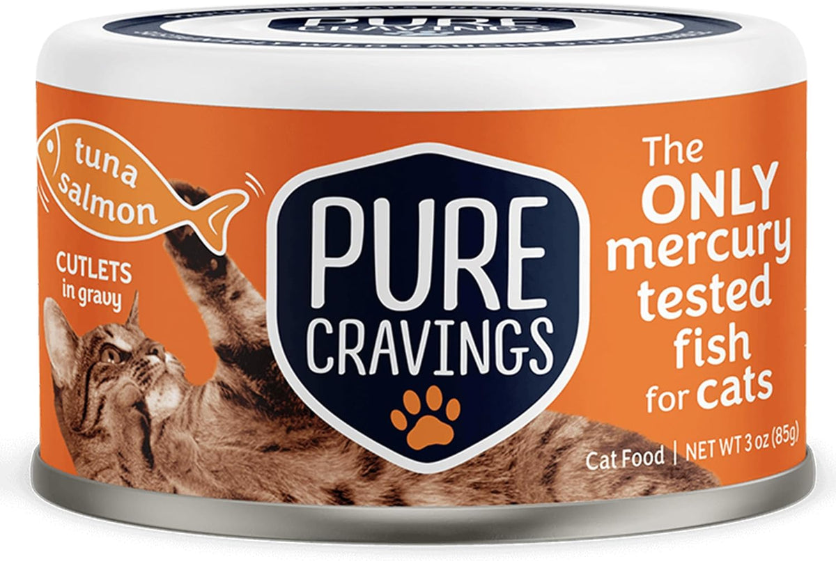 Wet Cat Food Canned Tuna and Salmon Cutlets in Gravy, 100% Mercury-Tested, Moist Can Fish for Cats