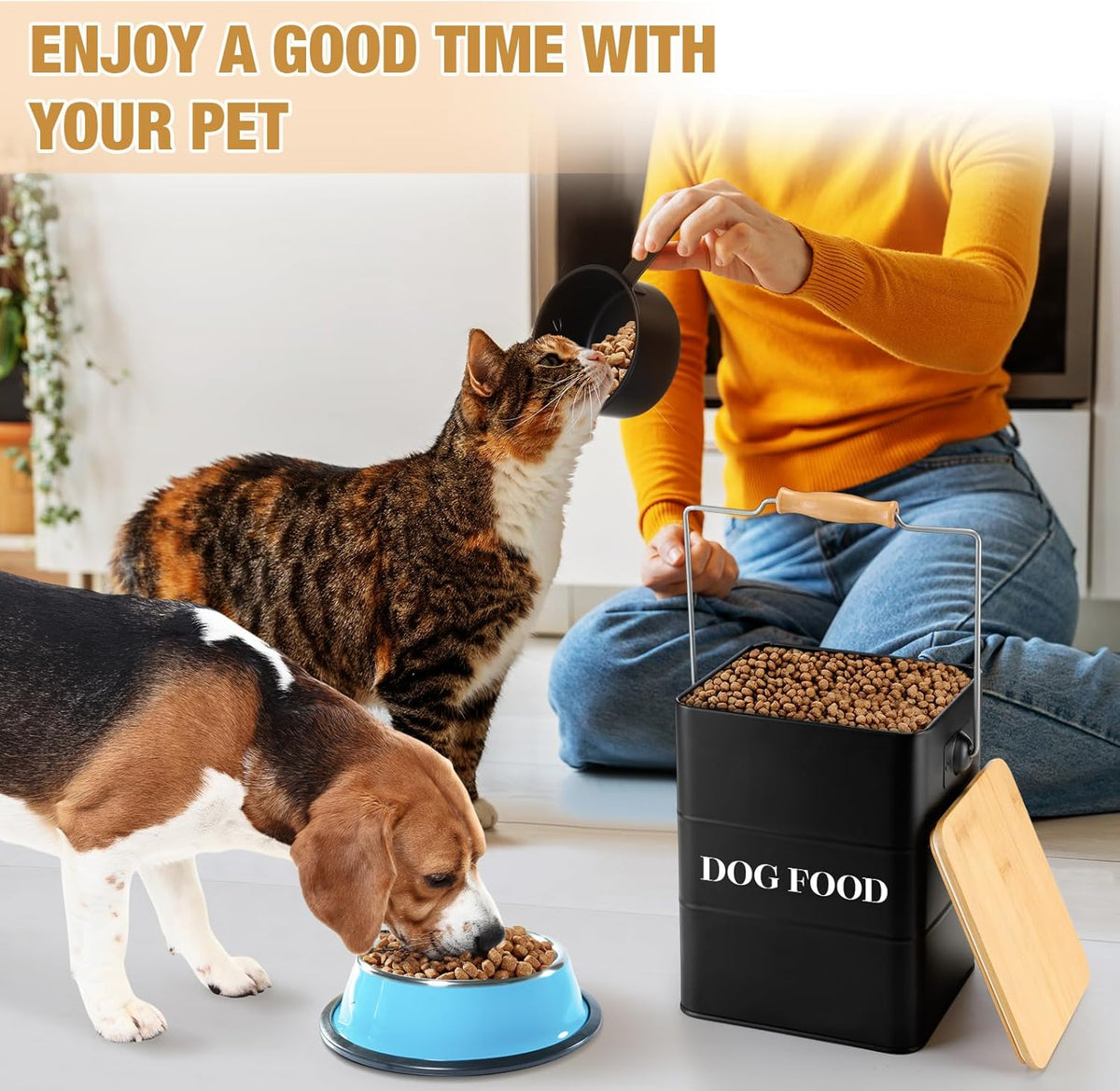 Tioncy 2 Pcs Metal Dog and Cat Food Storage Containers Big Pet Food Containers with Bamboo Lids and