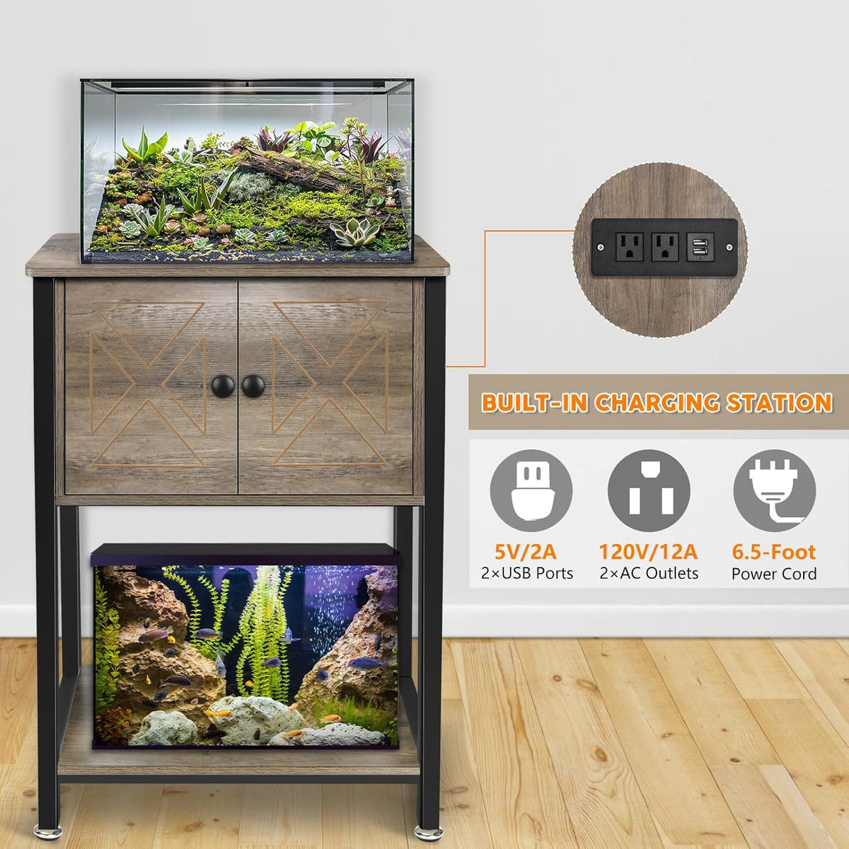 5-10 Gallon Fish Tank Stand, Heavy Duty Aquarium Stand with Cabinet & Power Outlets for Fish Tank