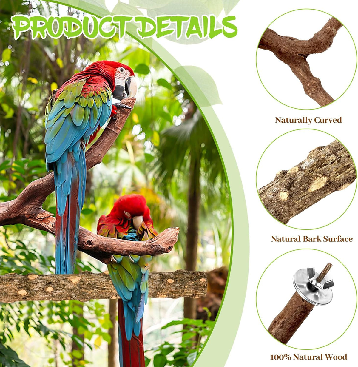 8PCS Natural Grape Wood Bird Perch Set - Parrot Cage Stand with Paw Grinding Forks, Chewing Sticks