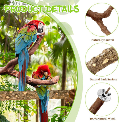 8PCS Natural Grape Wood Bird Perch Set - Parrot Cage Stand with Paw Grinding Forks, Chewing Sticks