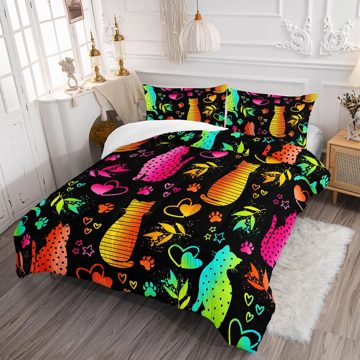 Kawaii Cat Animal Comforter 3Pcs Full Lovely Pet Cat Bedding Set for Kid Teen Girl Boy Adult Room