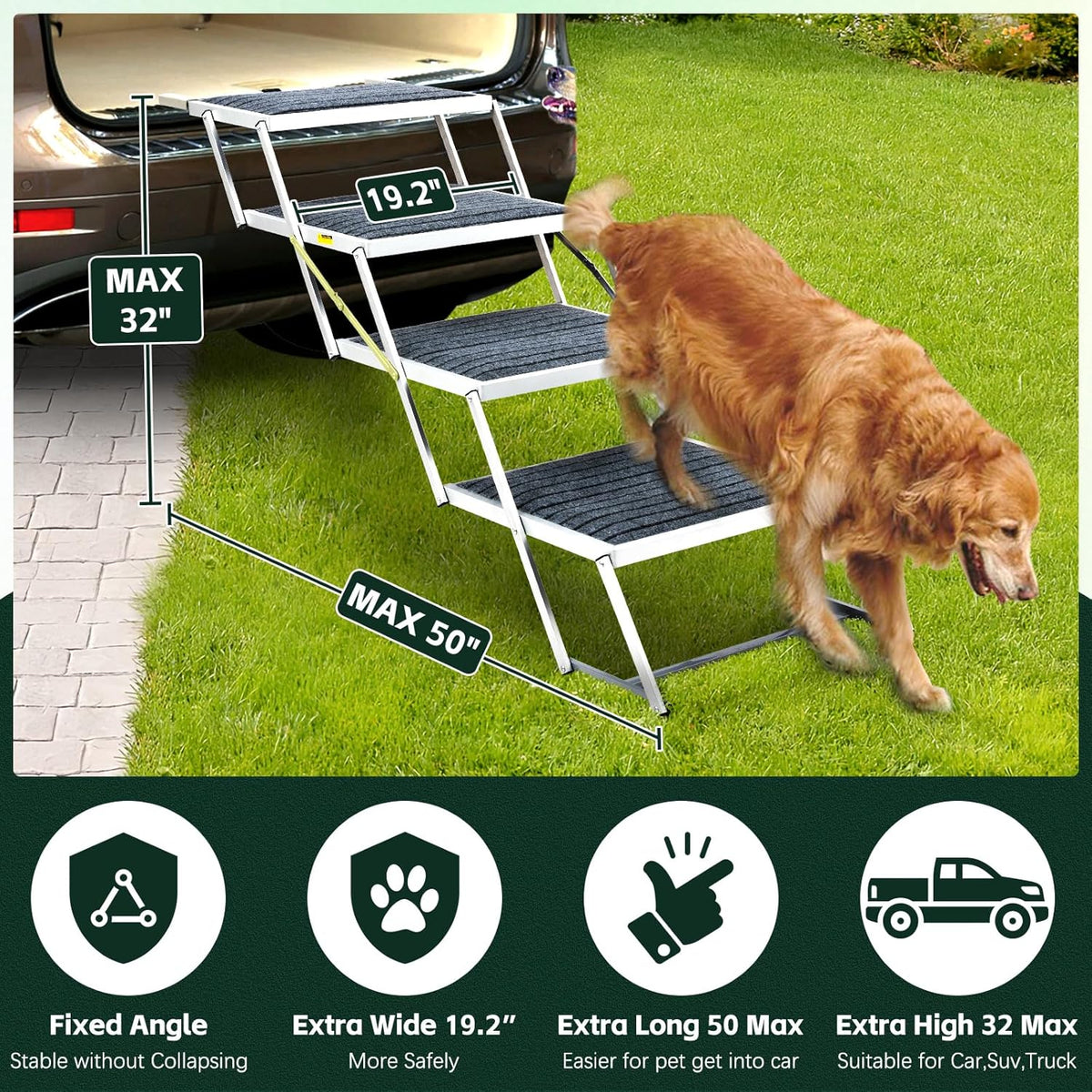 Dog Stairs for Car, Extra Wide Stairs for Large Dogs, Pet Steps Aluminum Foldable Dog Steps for
