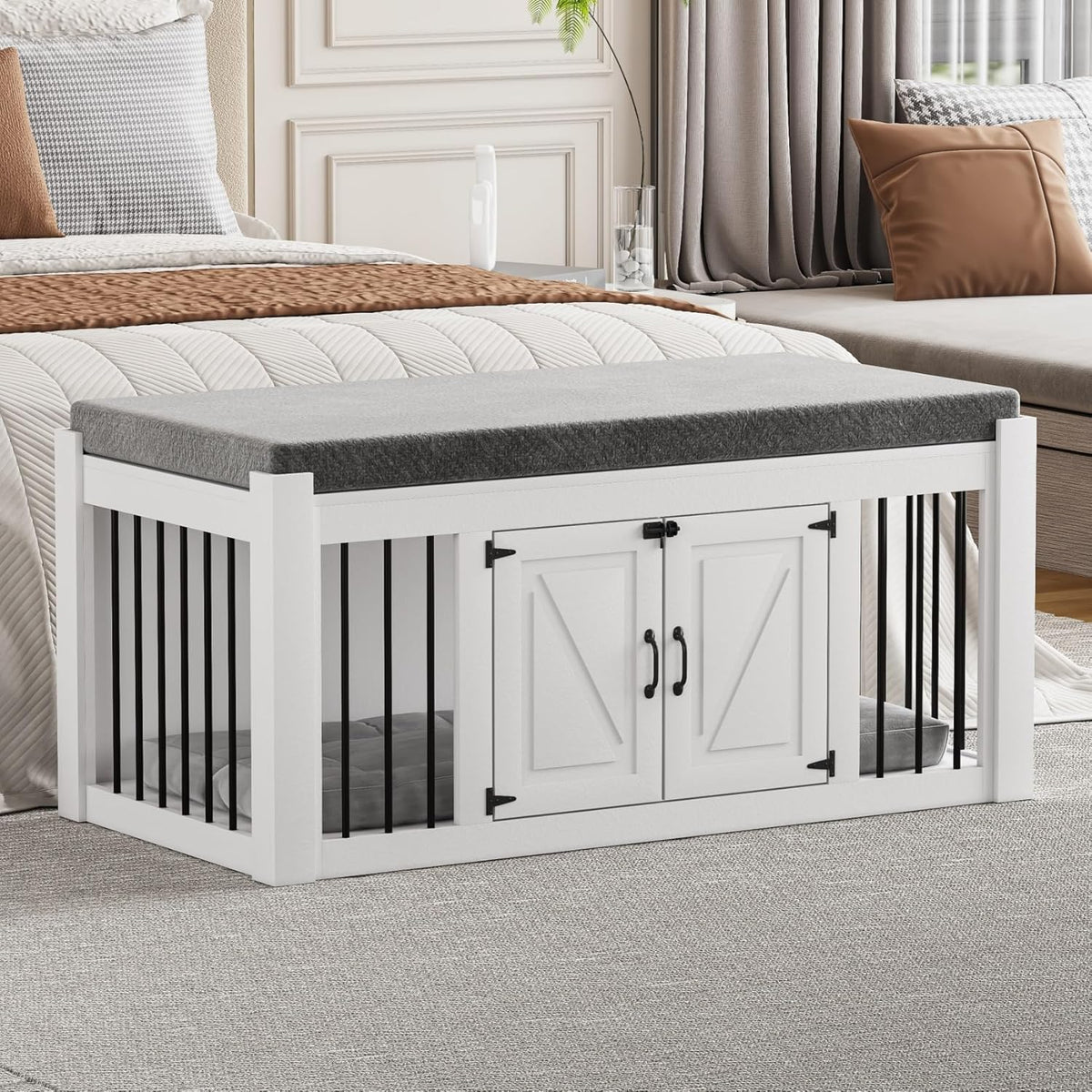Dog Crate Furniture with Padded Seat, Luxury Wooden Dog Kennel, End of Bed Bench Ottoman with