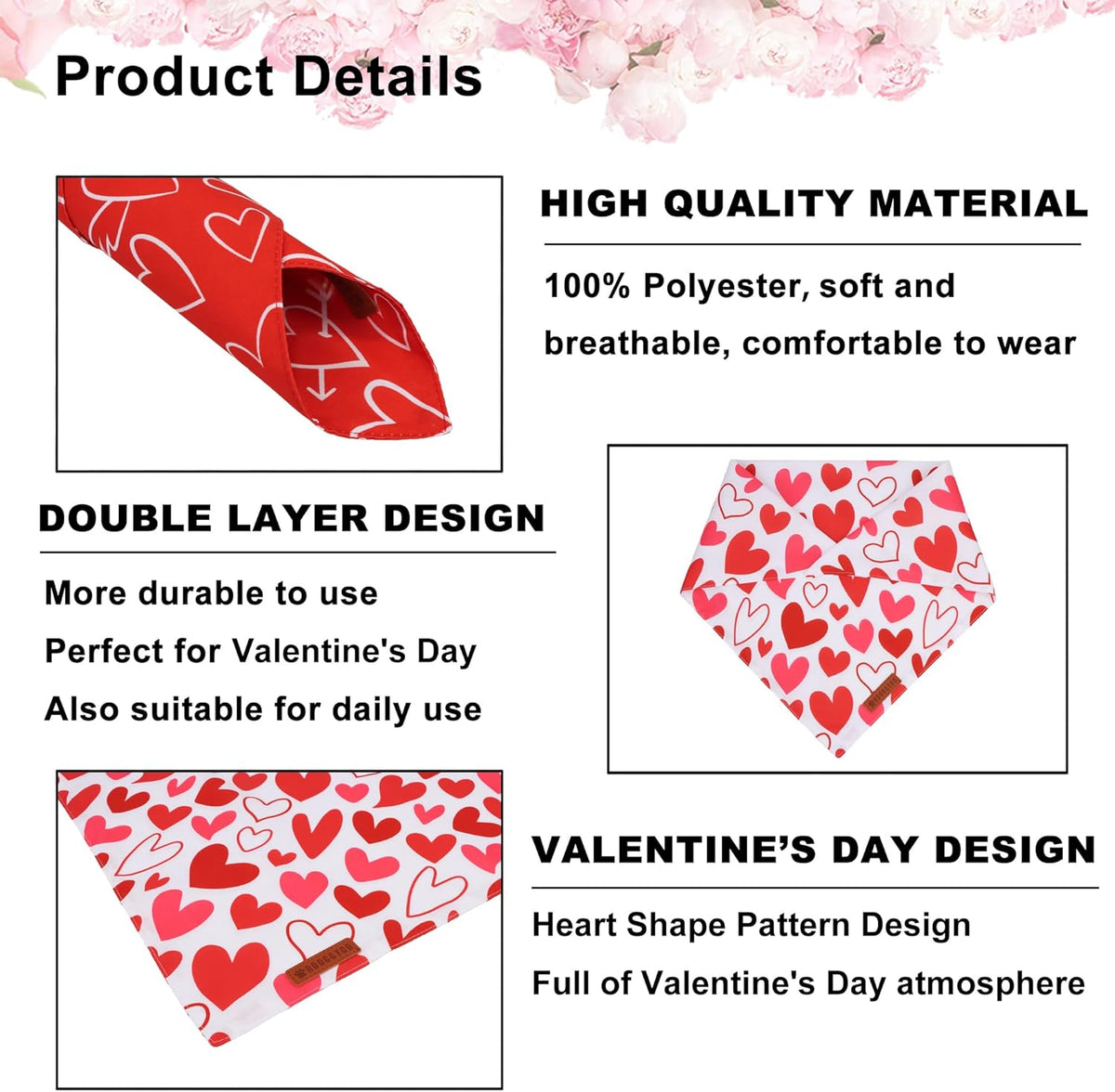 ADOGGYGO Valentine Dog Bandanas, Red Pink Heart Pet Scarf, Multi Size Offered, White Red Valentine