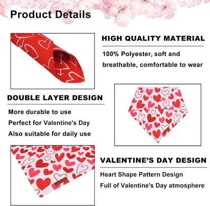 ADOGGYGO Valentine Dog Bandanas, Red Pink Heart Pet Scarf, Multi Size Offered, White Red Valentine