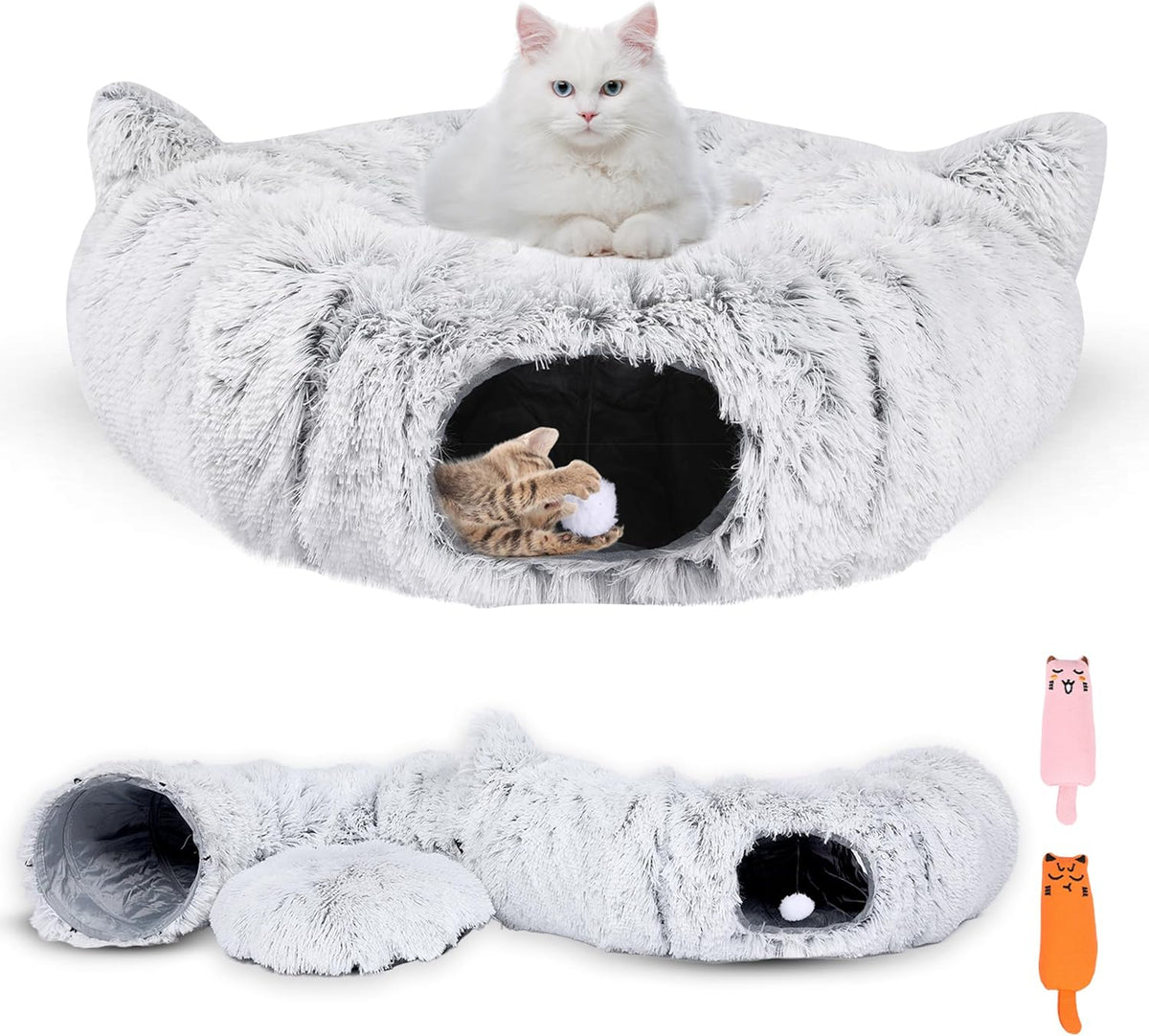 Cat Tunnel Bed Cave with Catnip Toys - Peekaboo Cat Hideaway & Cat Donut Tunnel - 3-in-1 Cat