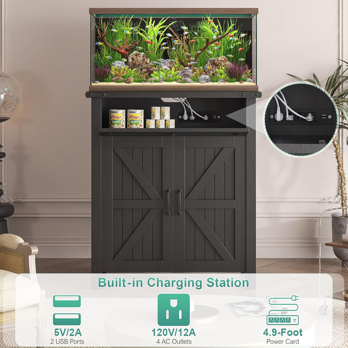 20 Gallon Aquarium Stand With Charging Station, Farmhouse Fish Tank Stand, Reptile Tank Stand