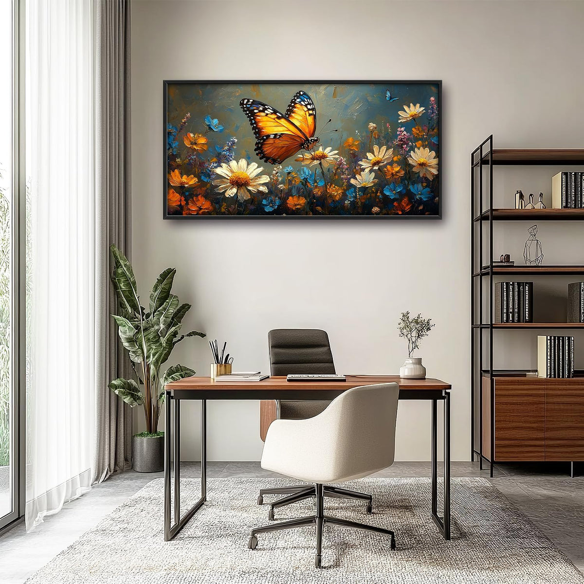 Large Butterfly Daisy Wall Art for Living Room, Floral Landscape Canvas Oversized Wall Decor