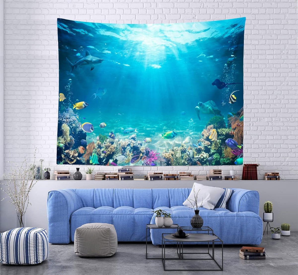 Underwater World Tapestry Blue Ocean Wall Hanging Under the Sea Coral Reef Wall Tapestry Tropical
