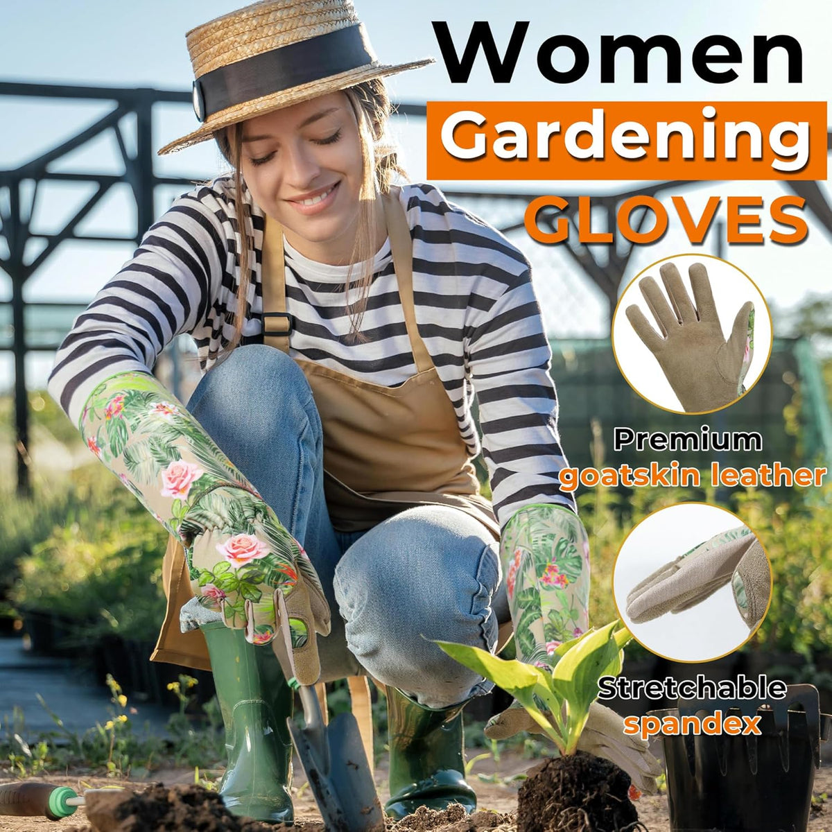 HANDLANDY Leather Gardening Gloves for Women, Thorn Proof Breathable Ladies Rose Pruning Garden