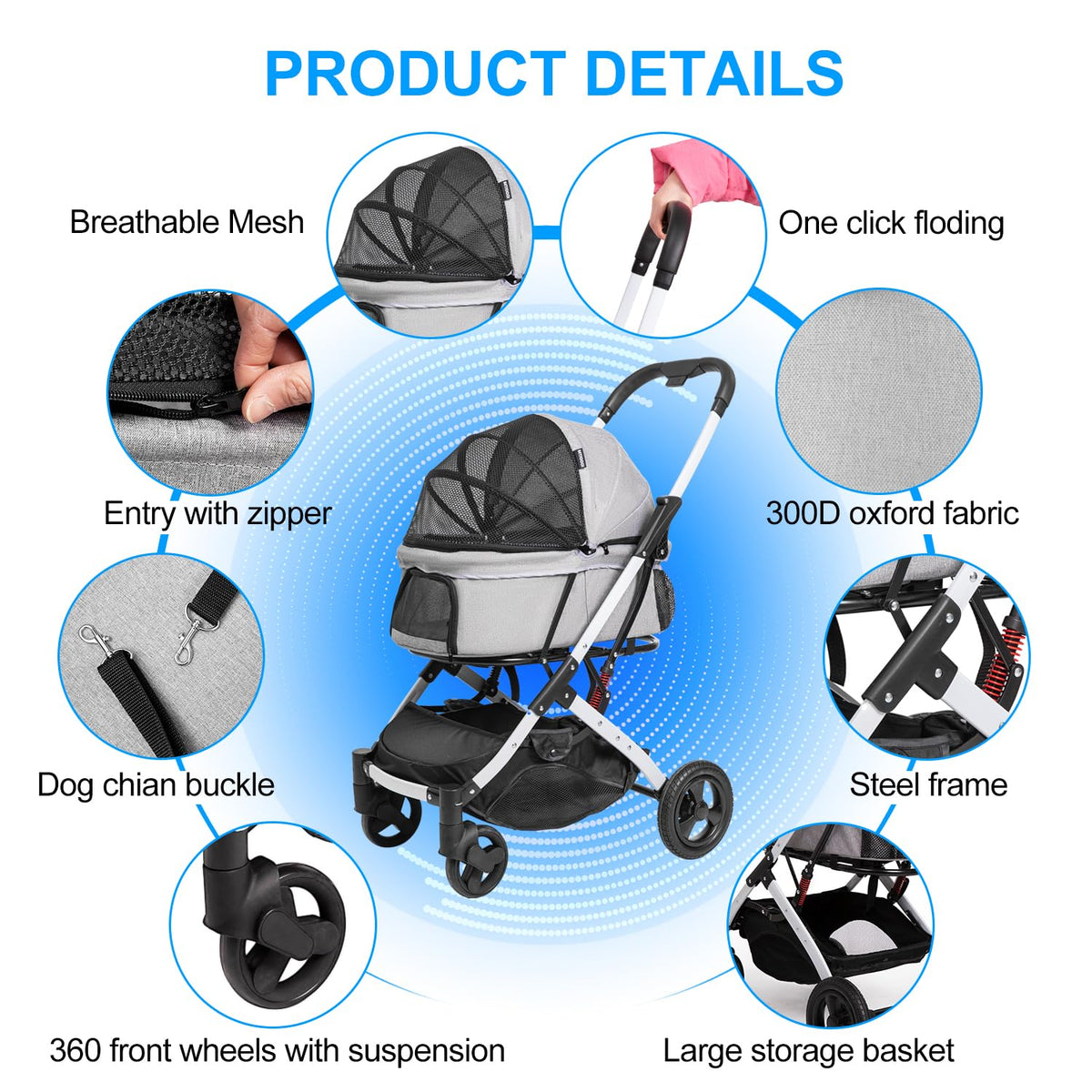 Pet Stroller for Medium Small Dog & Cat, Foldable Lightweight Dog Stroller with Storage Basket Pet