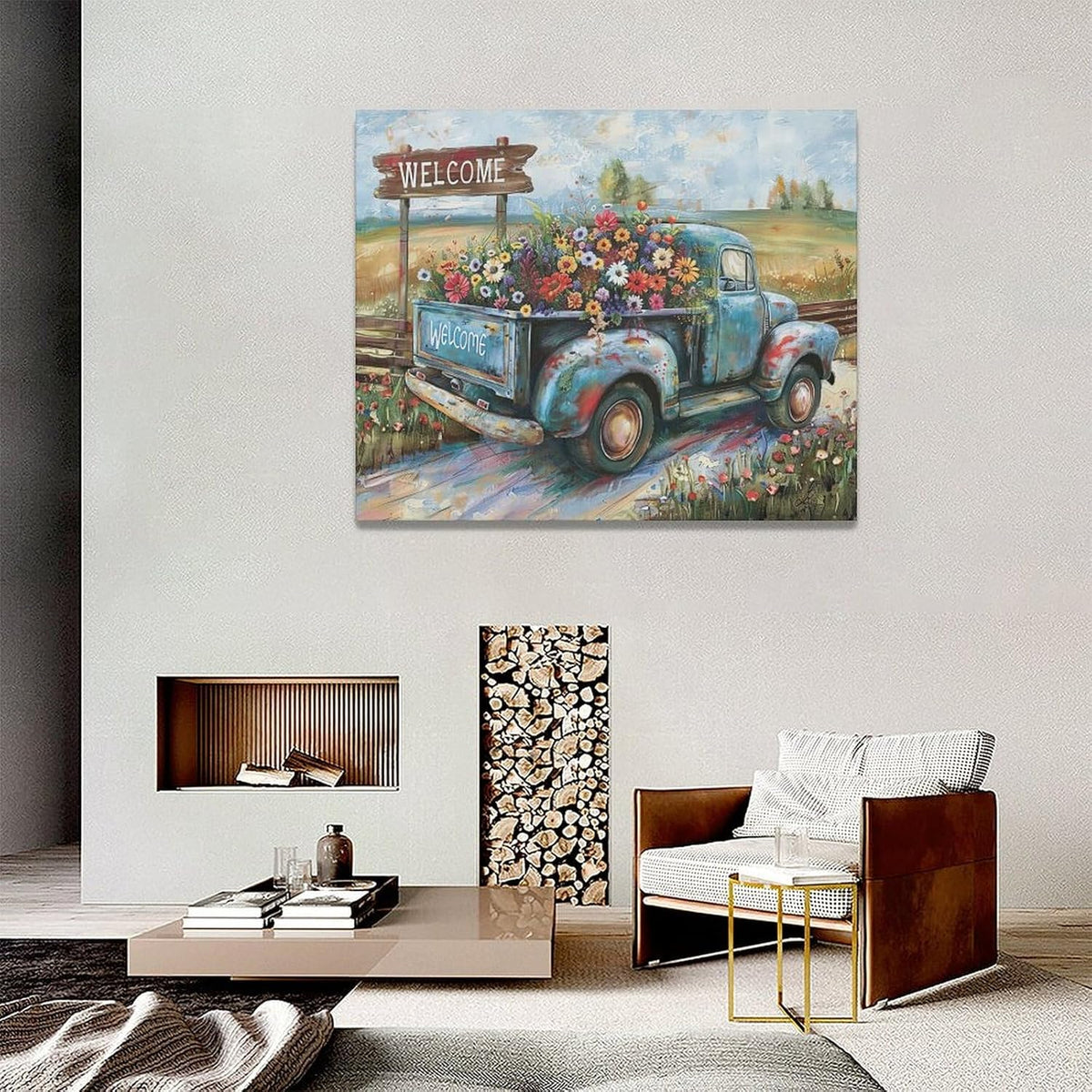 Farmhouse Truck Wall Art Rustic Country Wildflowers Wall Decor Road Flowers Landscape Pictures
