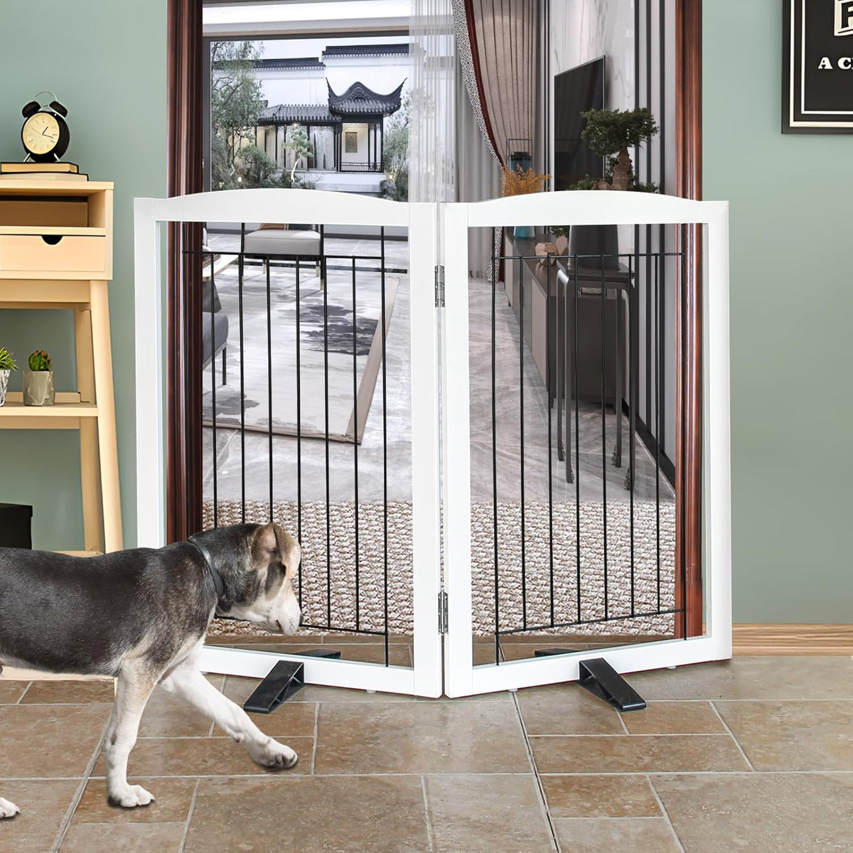 ZJSF Freestanding Dog Fence Indoor, Foldable Dog Gate for Doorways, Stairs or Hallways, Sturdy Wood