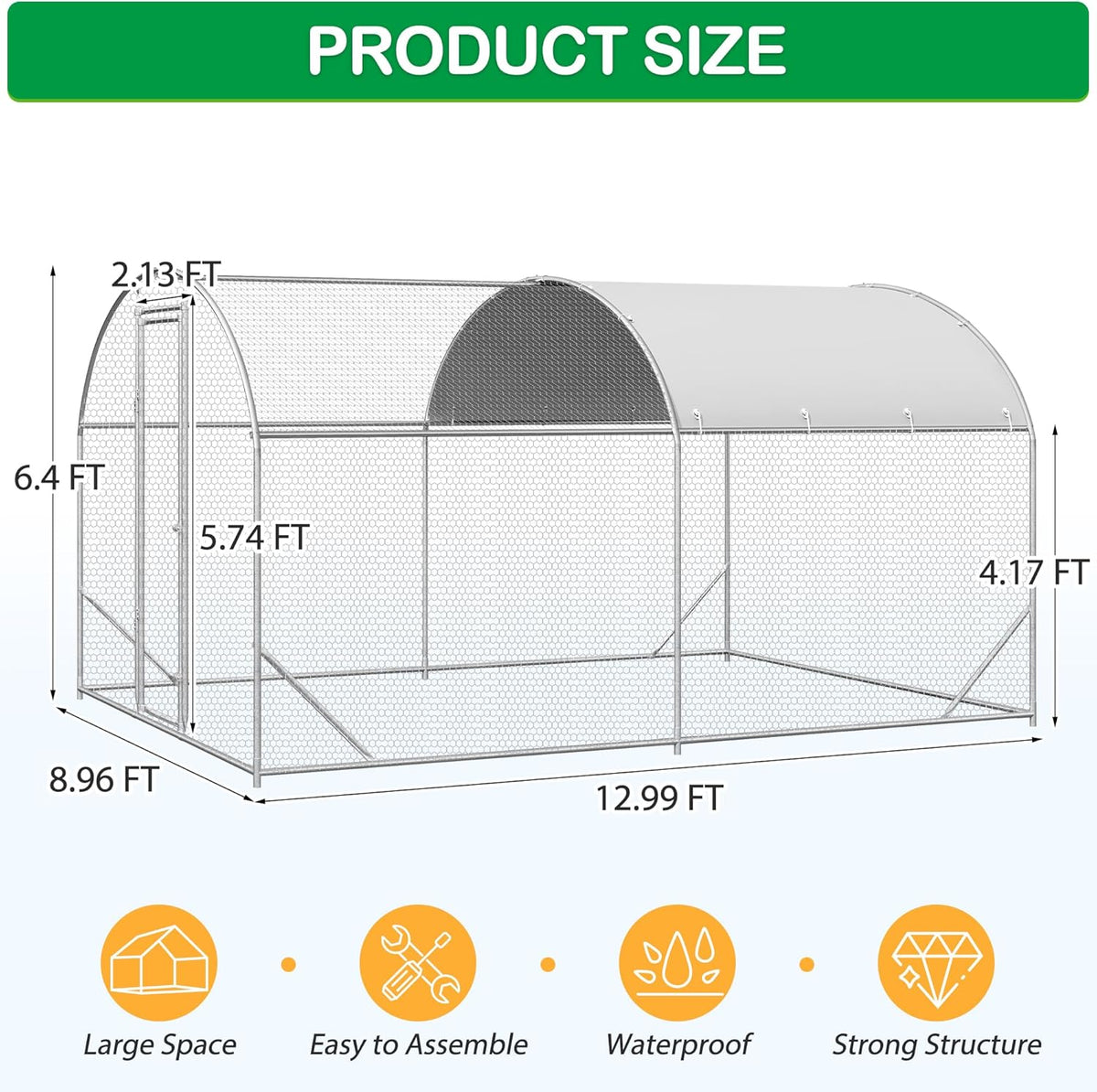 Large Metal Chicken Coop, Walk-in Chicken Run Pen with Waterproof Cover, Dome Roof Poultry Cage for