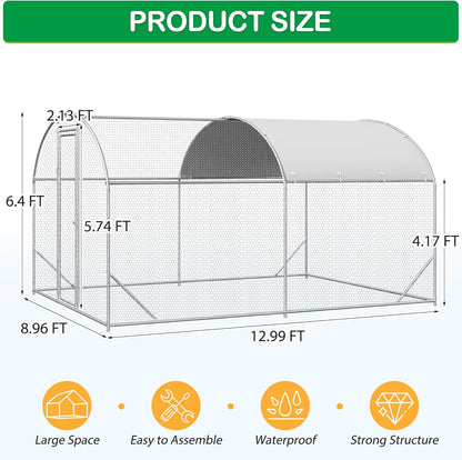 Large Metal Chicken Coop, Walk-in Chicken Run Pen with Waterproof Cover, Dome Roof Poultry Cage for