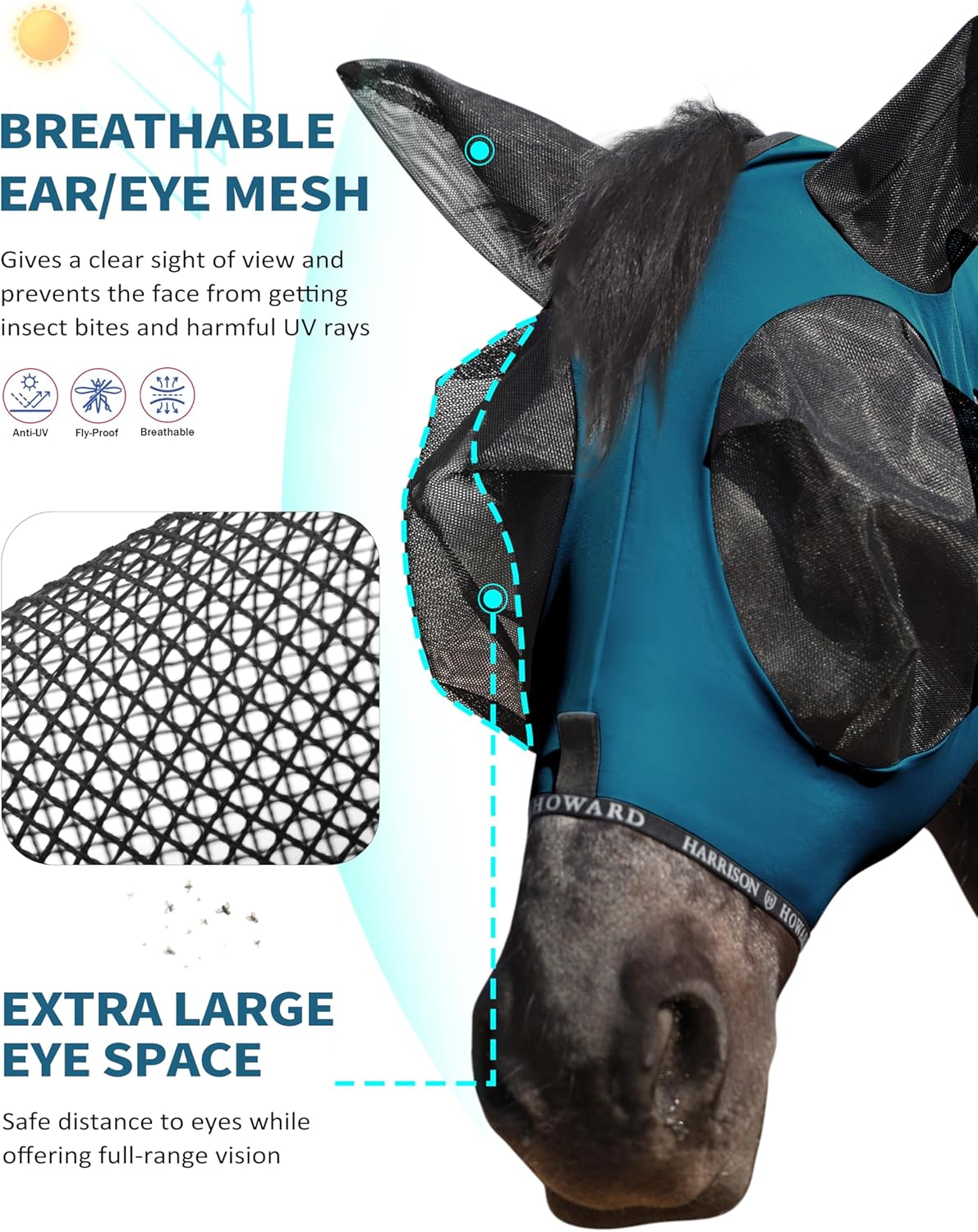 Harrison Howard Horse Fly Mask with Forelock Opening Stretch Breathable and Comfortable for Horses