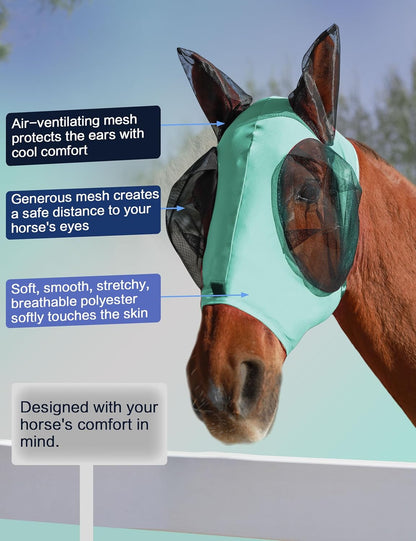 Horse Fly Mask with Ears, UV Protection for Horses, Elasticity with Big Mesh Eye Covers, Snug