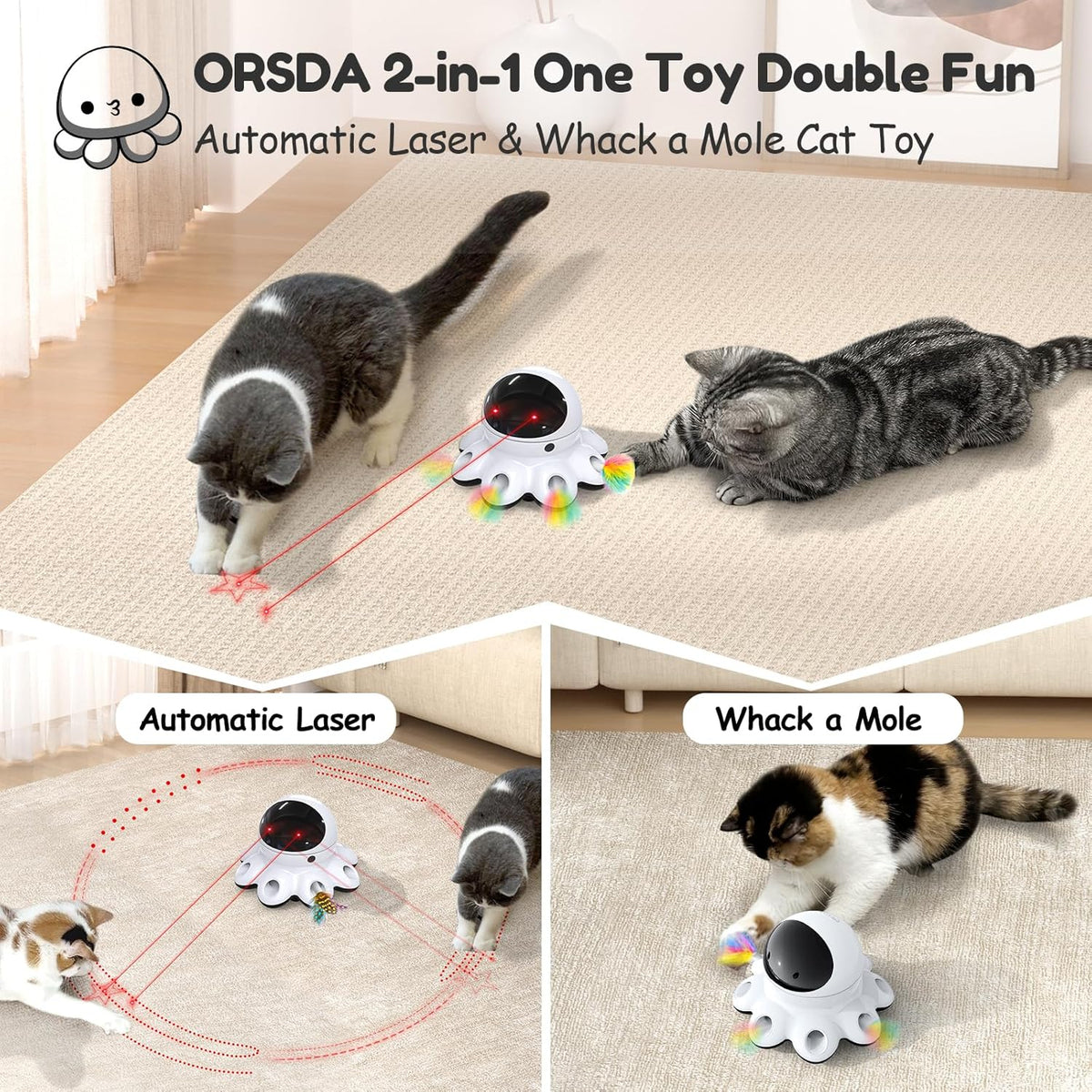 ORSDA Cat Laser Toy, 2-in-1 Interactive Automatic Motion Activated Moving 8 Holes Whack A Mole