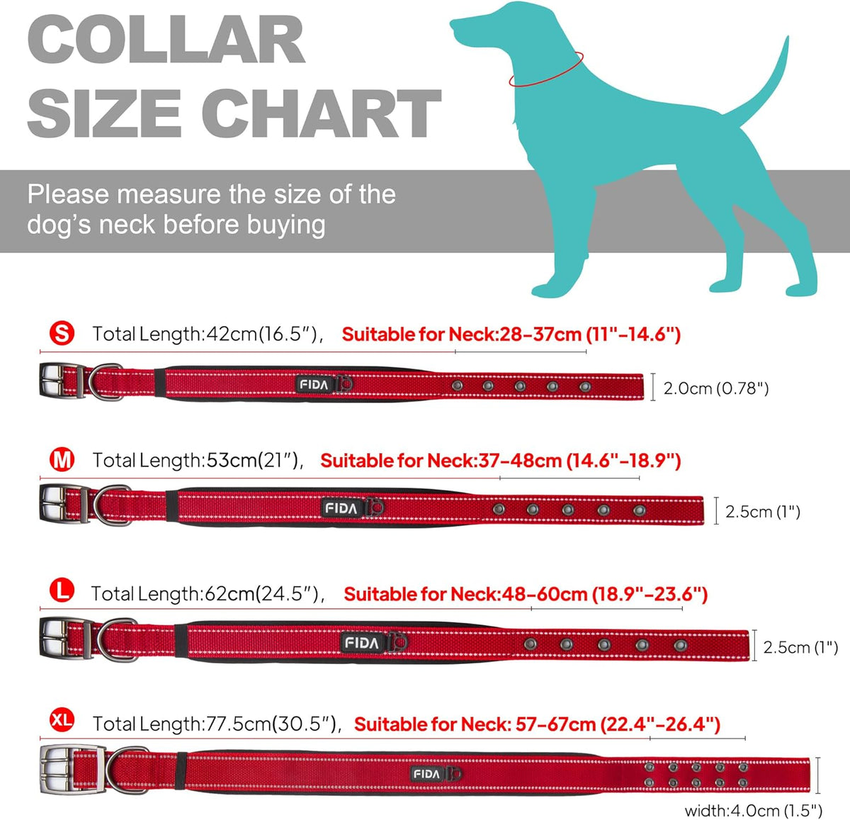 Fida Heavy Duty Dog Collar, Ultra Comfortable Soft Neoprene Padded, Adjustable Reflective Nylon Pet