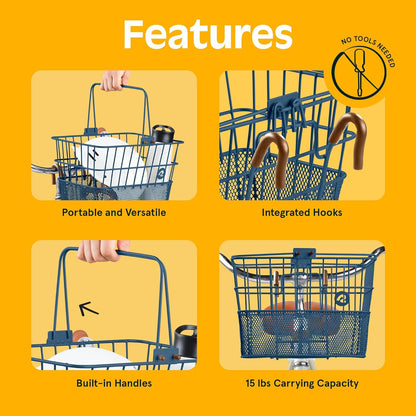Retrospec Apollo Detachable Front Bike Basket Steel Half-Mesh with Integrated Detachable Hooks and