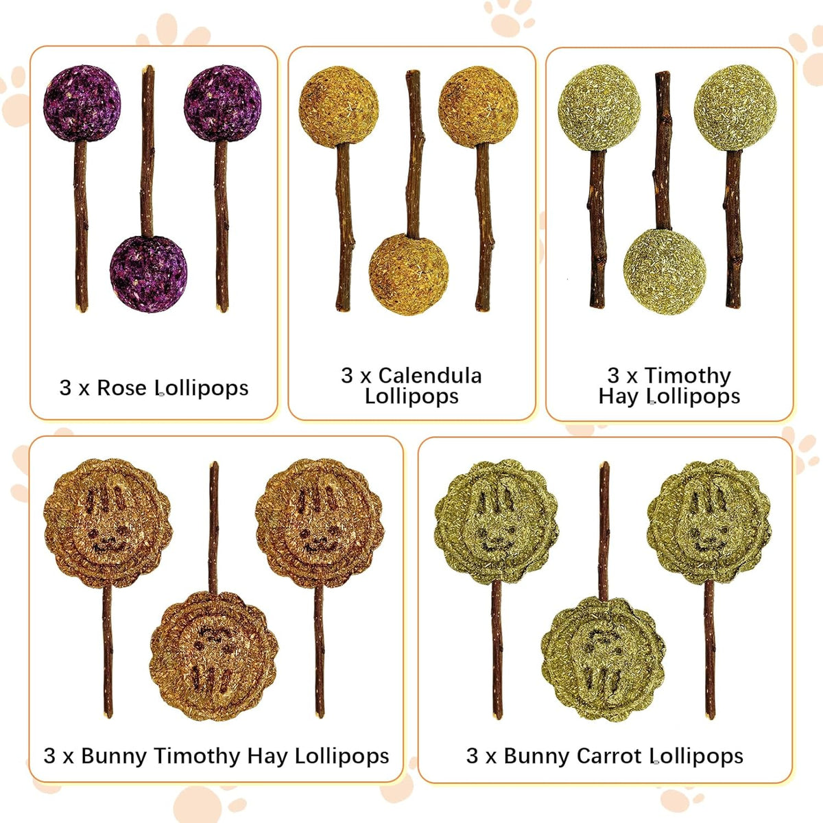 Fhiny Rabbit Chew Toys, 15 PCS Natural Bunny Lollipop Chew Sticks Handmade Guinea Pig Molar Treats