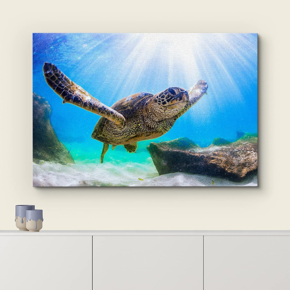 wall26 Canvas Print Wall Art Sunlight Ray Tropical Turtle Swimming Ocean Nature Animals Photography