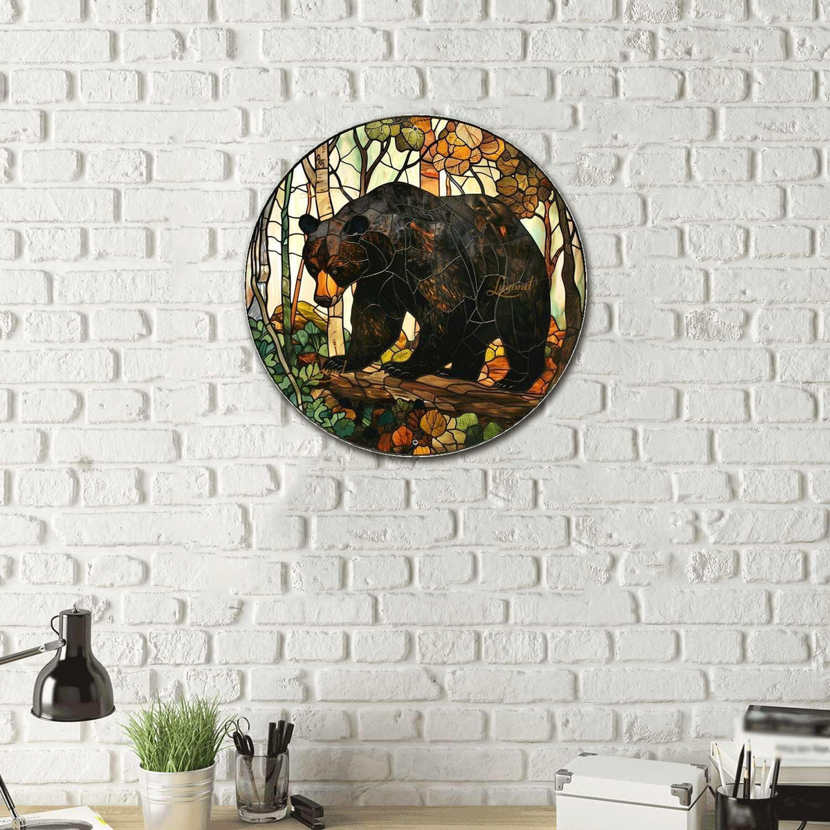 Lygond Metal Sign Tin Sign Circular Stained Glass American Black Bear Gardening Poster for Bar 8×8