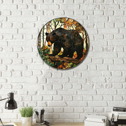Lygond Metal Sign Tin Sign Circular Stained Glass American Black Bear Gardening Poster for Bar 8×8