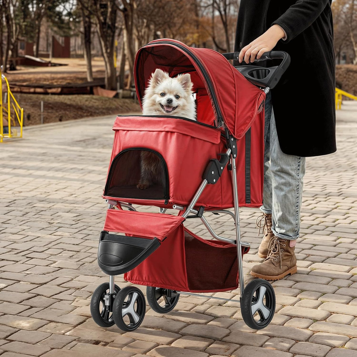 MoNiBloom 3 Wheels Pet Stroller, Foldable Puppy Cage Jogger Stroller with Weather Cover for