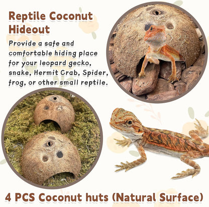 PINVNBY Natural Coconut Reptile Hideouts Lizard, Coco Hut Hermit Crab Hut Aquarium Fish Hide Cave