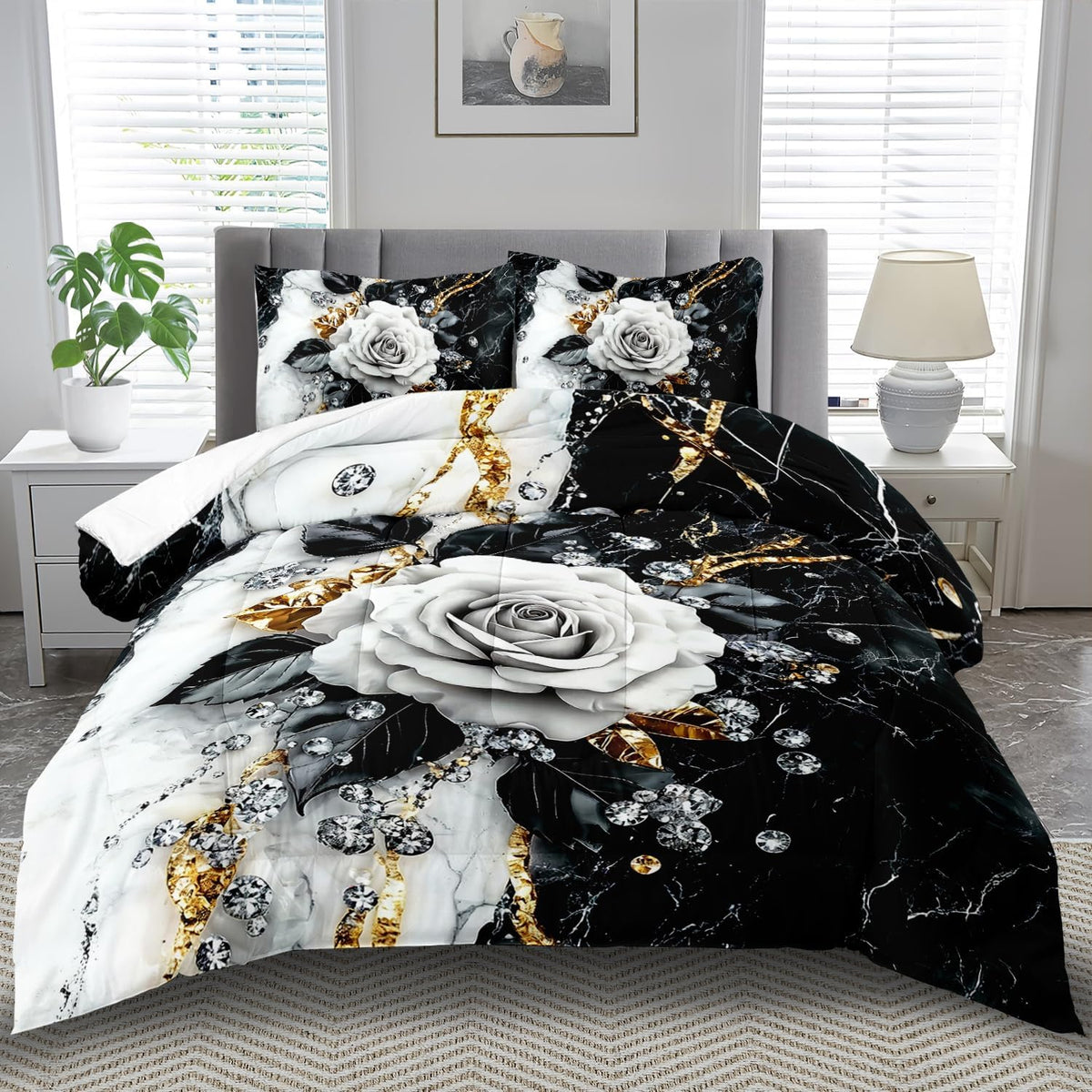 Marble Floral Comforter Set for King Bed Women,Vintage Flower Bedding Set King,White and Black