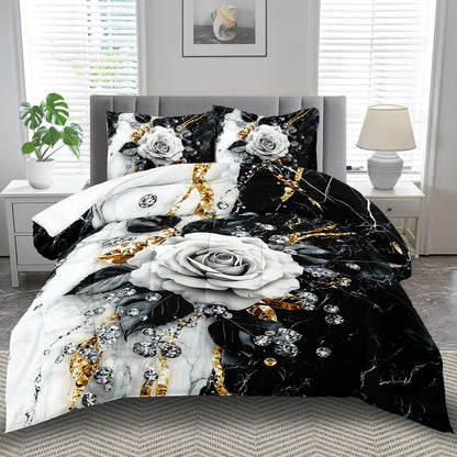 Marble Floral Comforter Set for King Bed Women,Vintage Flower Bedding Set King,White and Black
