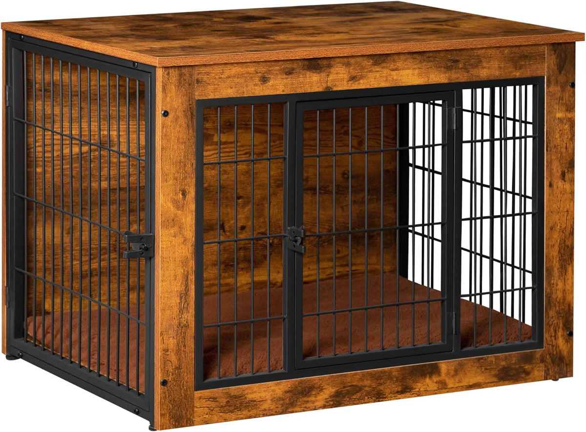 Bigrab Dog Crate Furniture with Thick Cushion, Side End Table Wooden Dog Cage with Double Doors