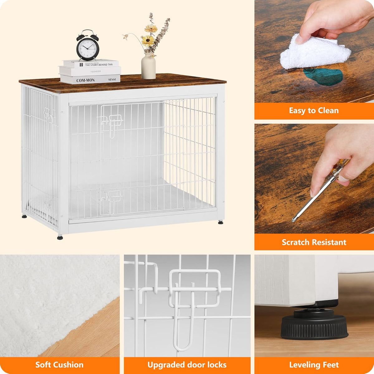 DWANTON Dog Crate Furniture with Cushion, Wooden Kennel Table with Double Doors, Indoor Dog House