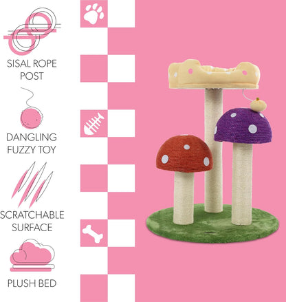 CTR1001A Pixie 22.5" 3-Tier Cottage Sisal Mushroom Cat Tree with Scratching Posts, Napping Perch