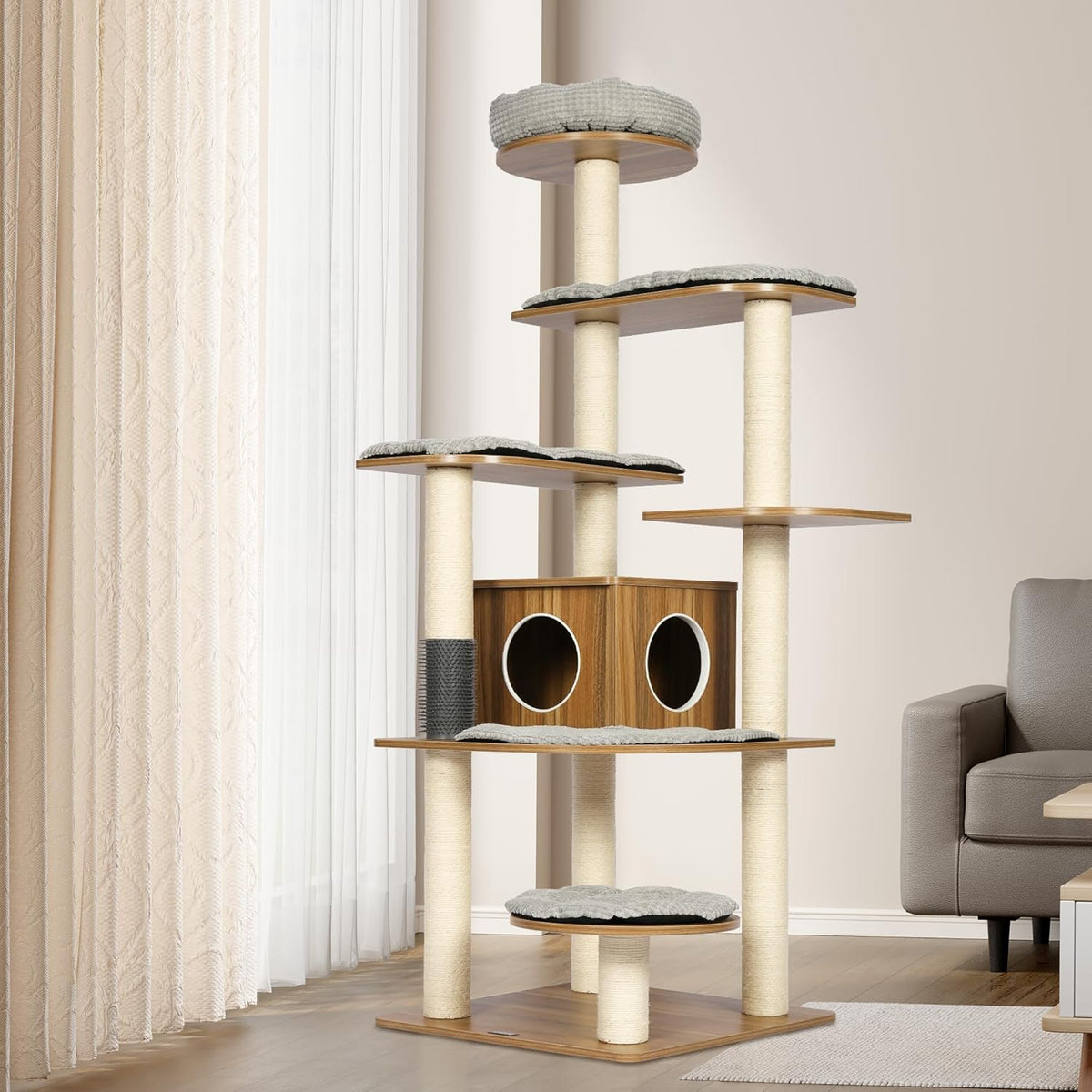 KAMABOKO Tall Wood Cat Tree, 69” Large Cat Tower Multi-Level Platforms with Sisal Scratching Posts