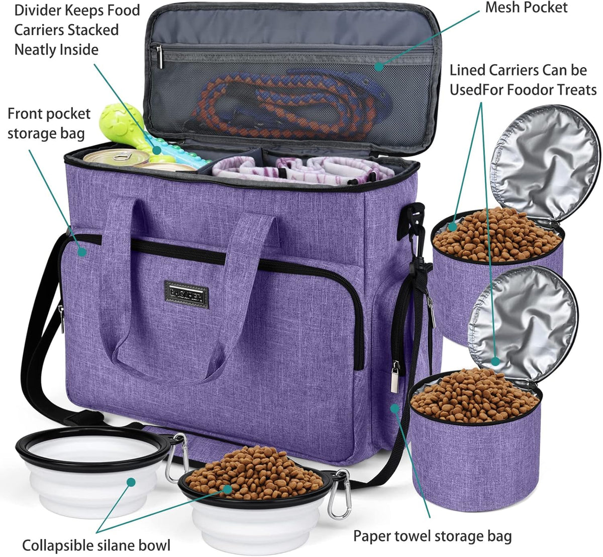 BAGLHER Dog Travel Bag, Airline Approved Pet Tote Organizer with Multi-Function Pockets, 2 X Food