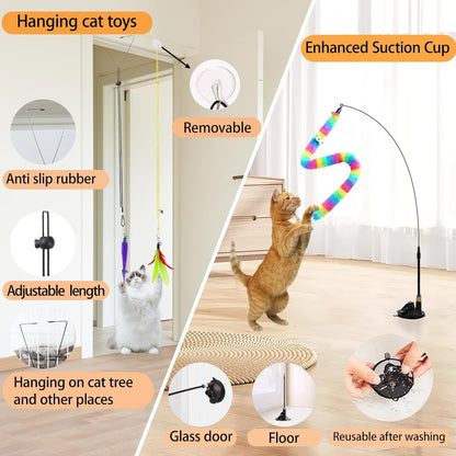 Soarer 4-in-1 Interactive Cat Feather Toys,12Pcs Durable Fishing Pole Cats Feathers Toy
