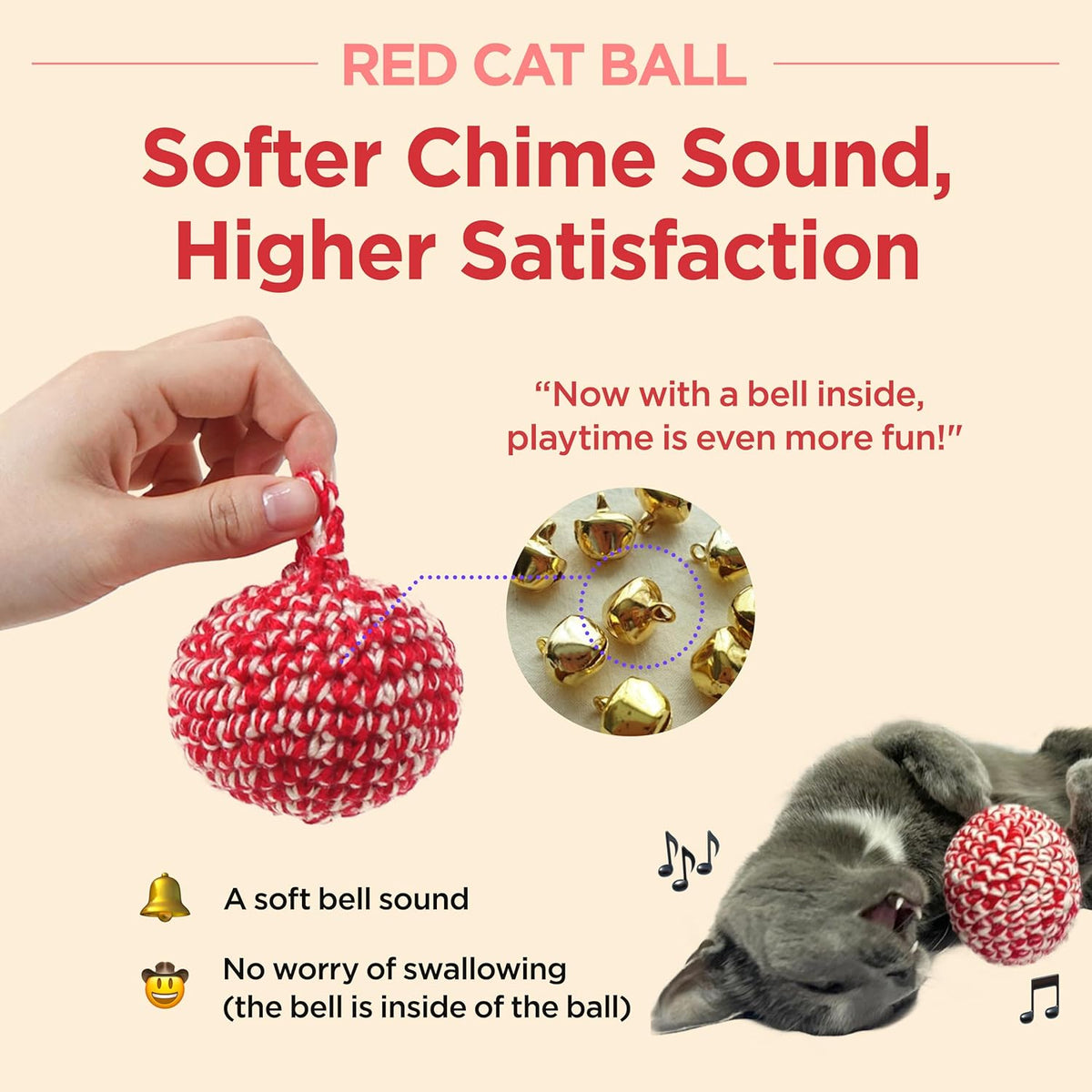 JAYU PET Red Cat Ball [W/Bell Version] - Handmade Silvervine Cat Toy with Catnip, Interactive