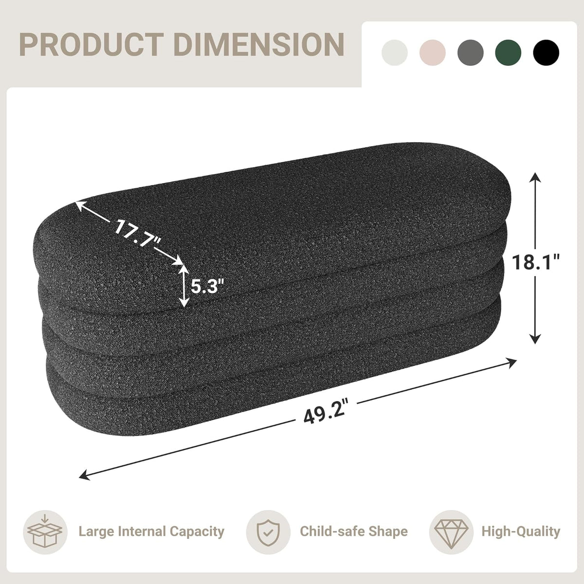 Storage Ottoman Bench 49.2 Inch Upholstered Fabric Storage Bench for Bedroom End of Bed Aesthetic