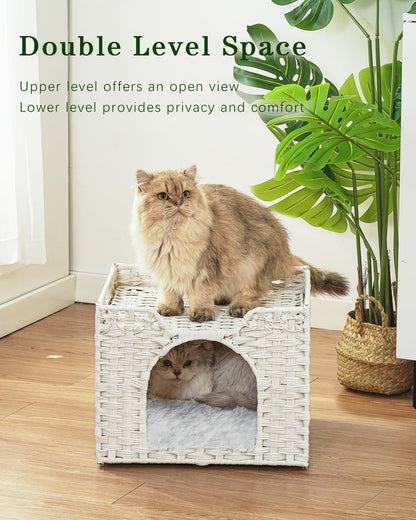 Cat Beds Indoor Kitten House, Handwoven Rattan Cat Cave Pet Cube, Large Cat Houses, One Bed Mat