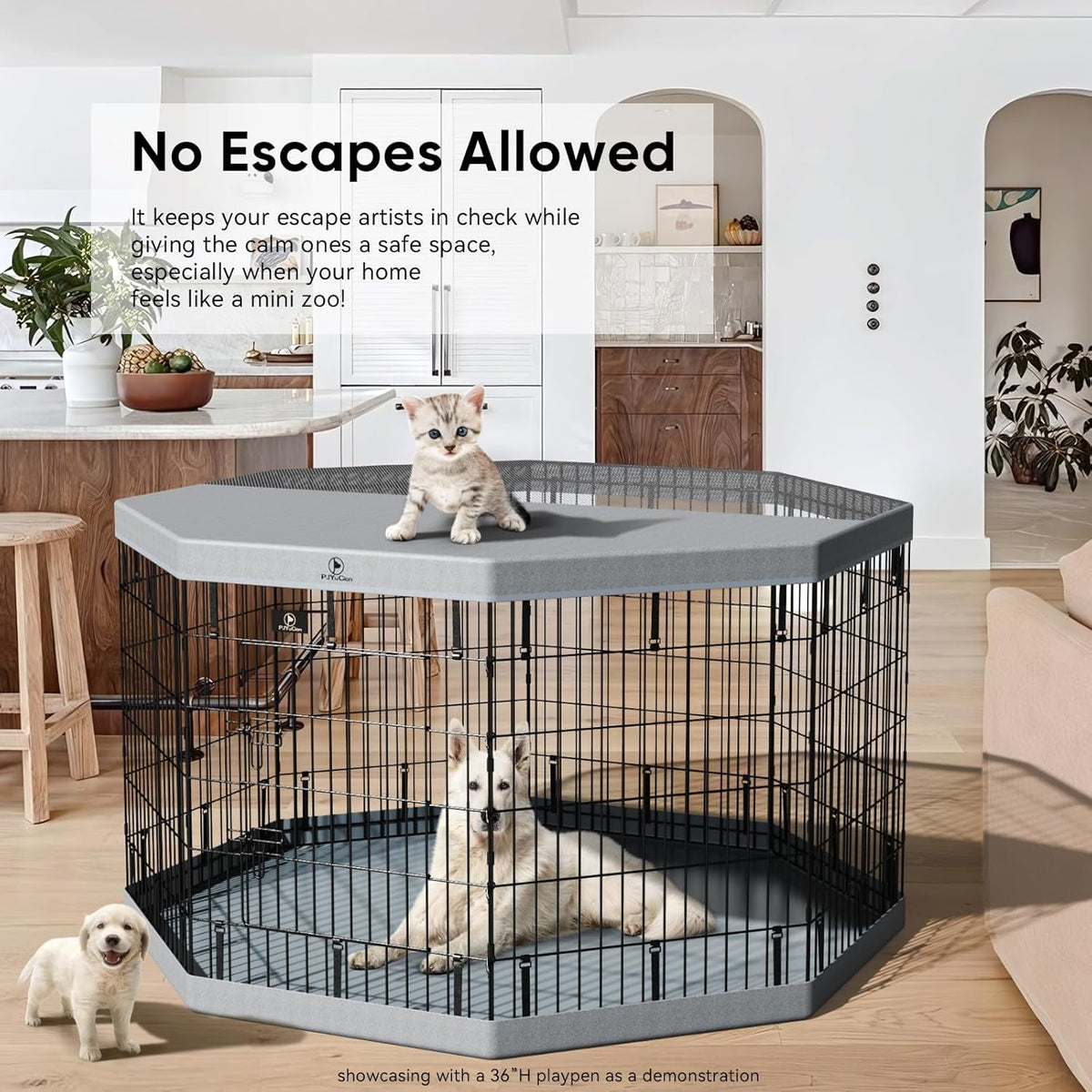 PJYuCien Dog Playpen, 8 Panels 24”H Dog Playpen Indoor with Grey Bottom Pad and Top Cover, Metal
