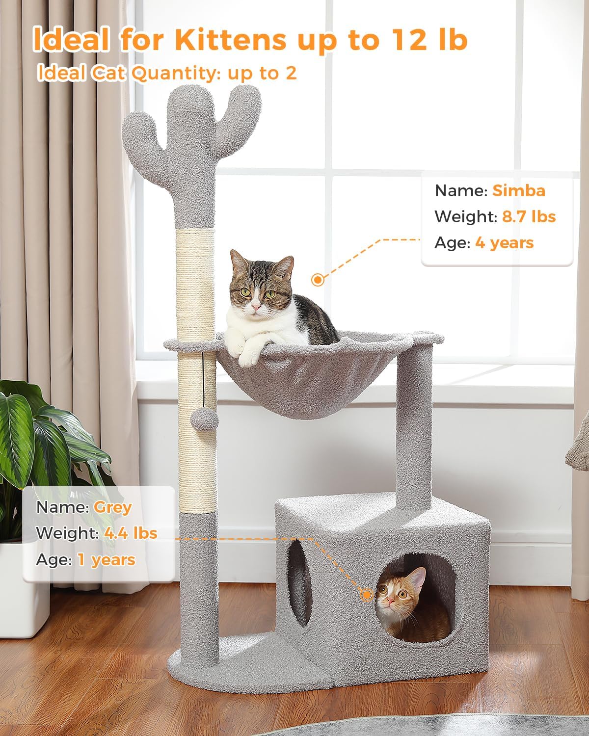 Cactus Cat Tree Cat Scratching Post 40" Cat Tower with Large Metal Carpet Hammock, Cat Scratching