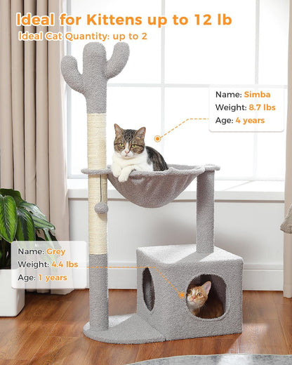 Cactus Cat Tree Cat Scratching Post 40" Cat Tower with Large Metal Carpet Hammock, Cat Scratching