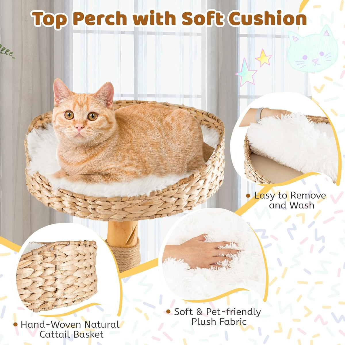Tangkula Cat Tree Tower, Solid Wood Modern Cat Tower with Top Cattail Basket Bed, Side Perch, Large