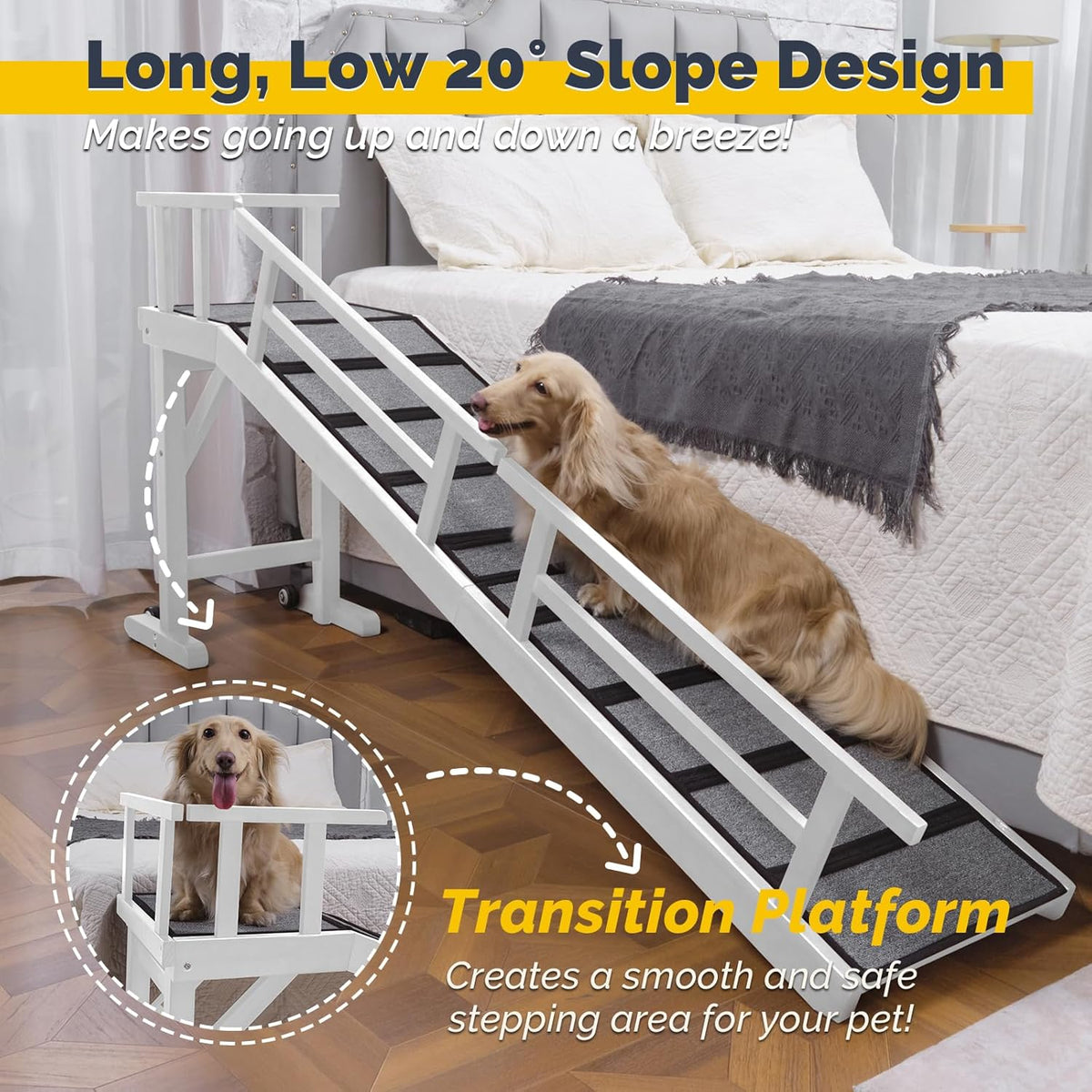 Dog Ramp for Bed or Couch, Wooden Pet Ramp with 20° Gentle Slope, Removable Side Rails, Non-Slip