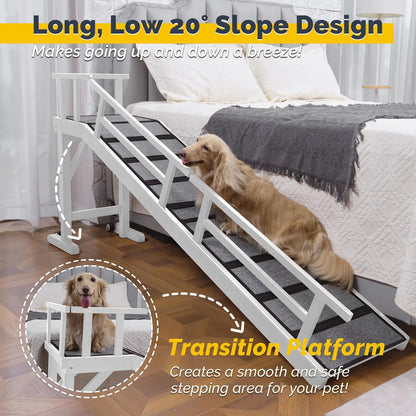 Dog Ramp for Bed or Couch, Wooden Pet Ramp with 20° Gentle Slope, Removable Side Rails, Non-Slip